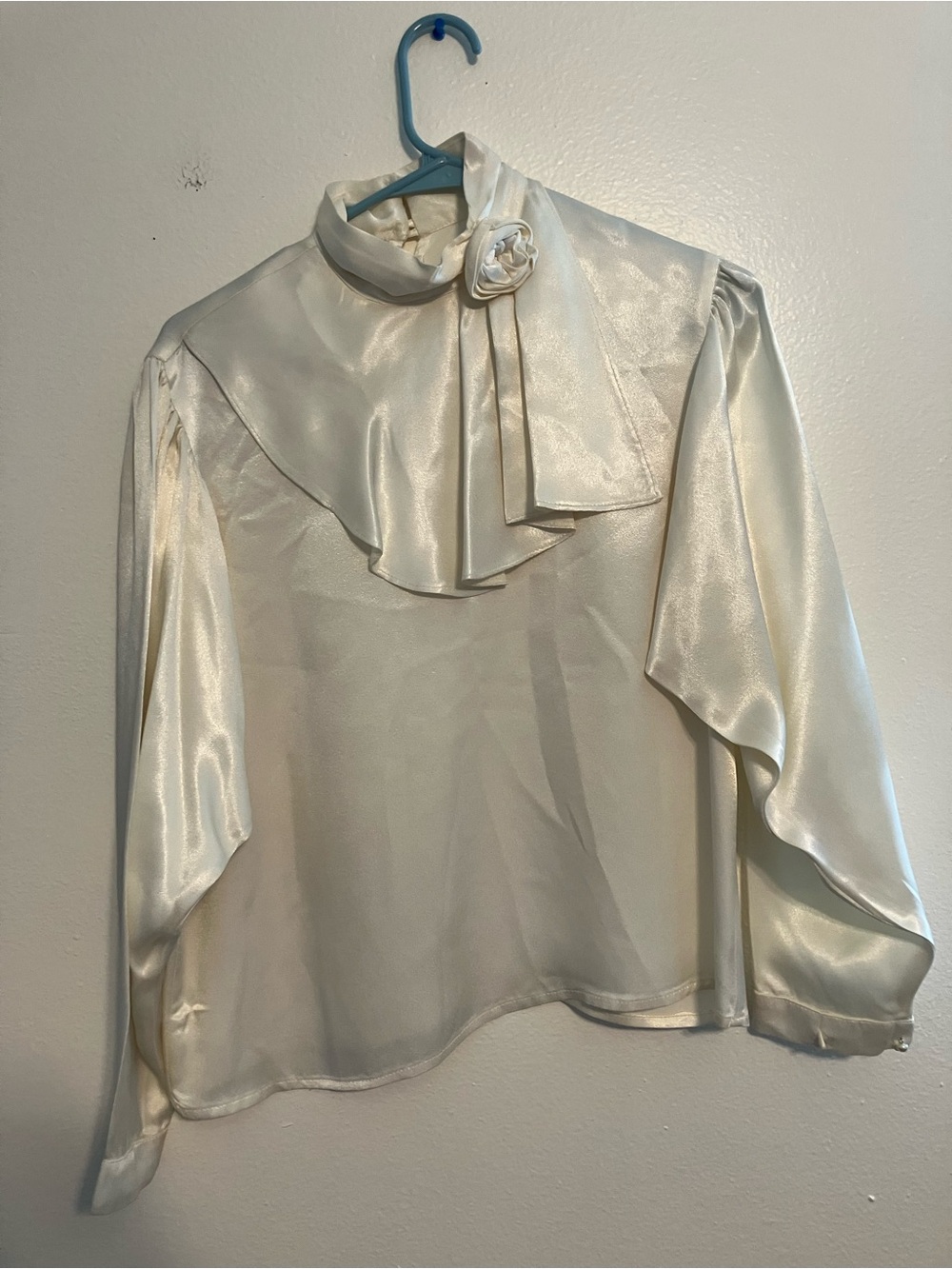 Gunne Sax Ivory Satin High-Neck Blouse with Rosette Tie